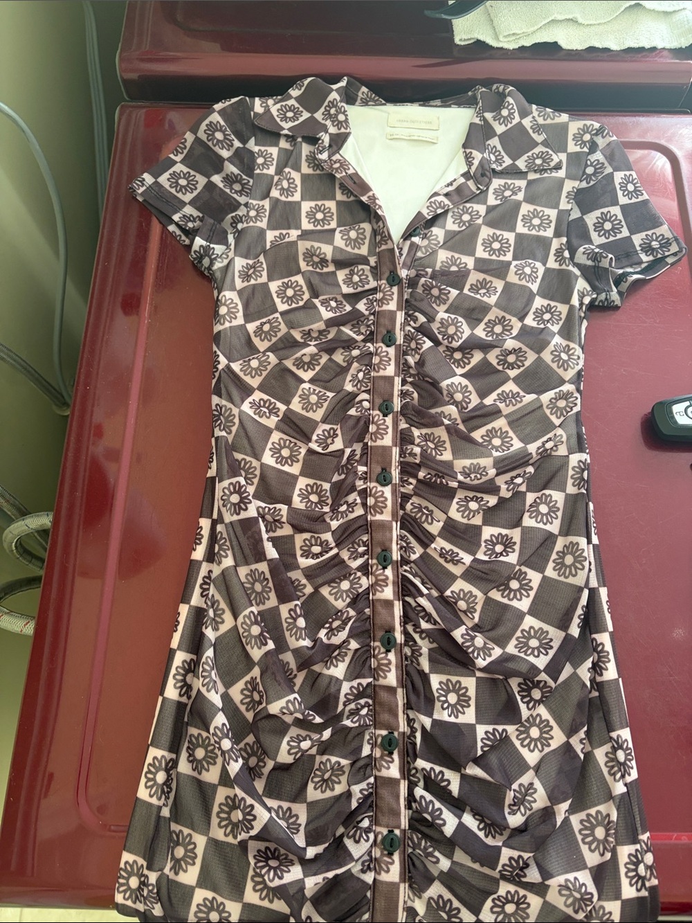 Urban Outfitters Brown & Cream Floral-Check Button Front Mini Dress